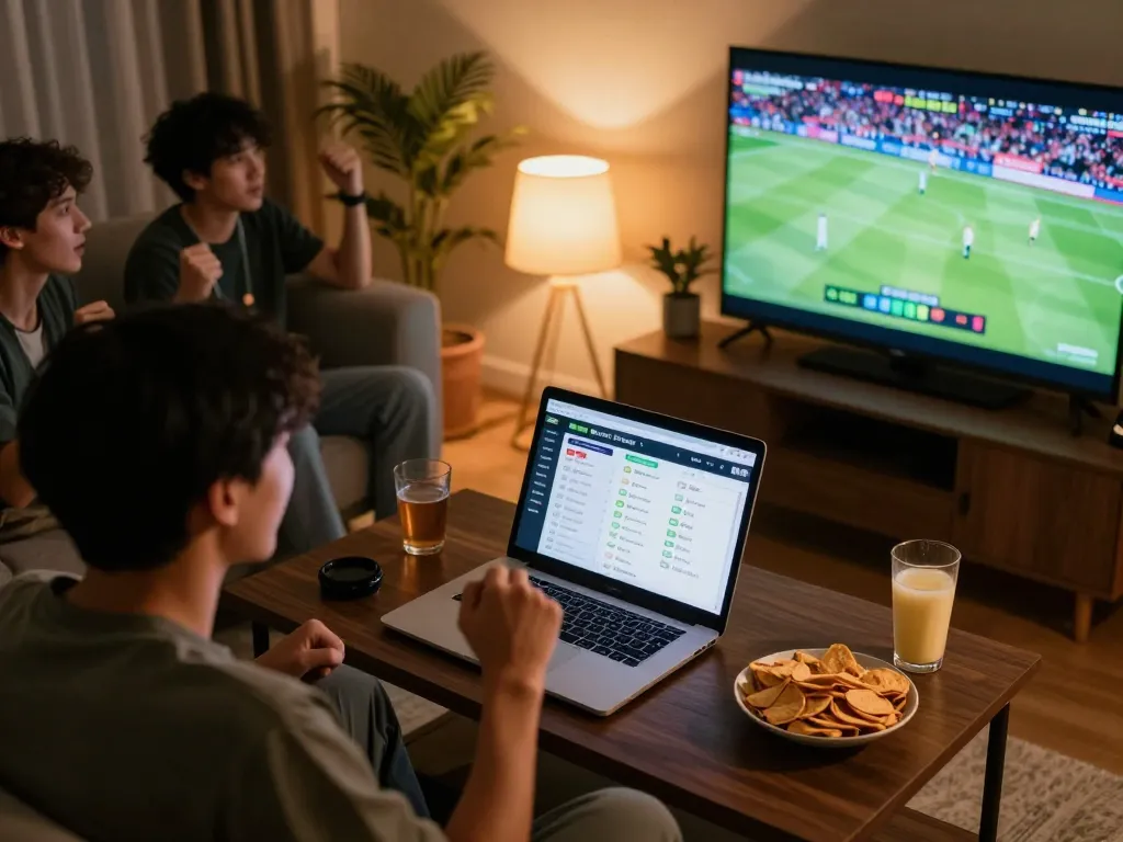 Engaged in kèo nhà cái betting while cheering for a live sports game on TV