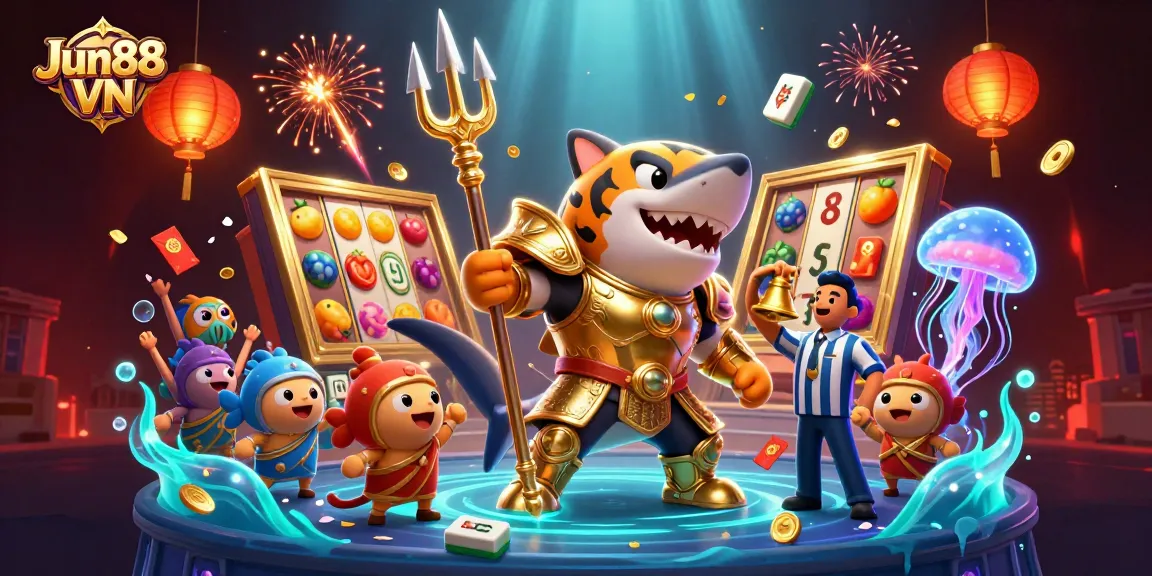 Engage with Jun88 VN's vibrant online casino experience, featuring dynamic slot elements and energetic characters.