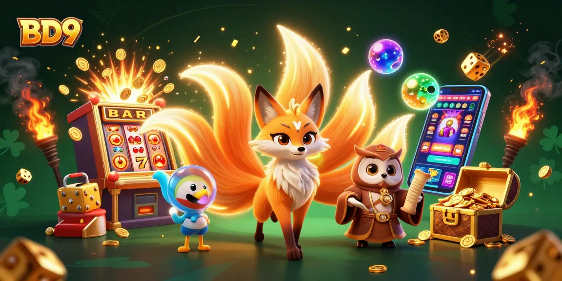 Engage with the vibrant BD9 gaming experience featuring a colorful nine-tailed fox spirit and jackpot slot machine.
