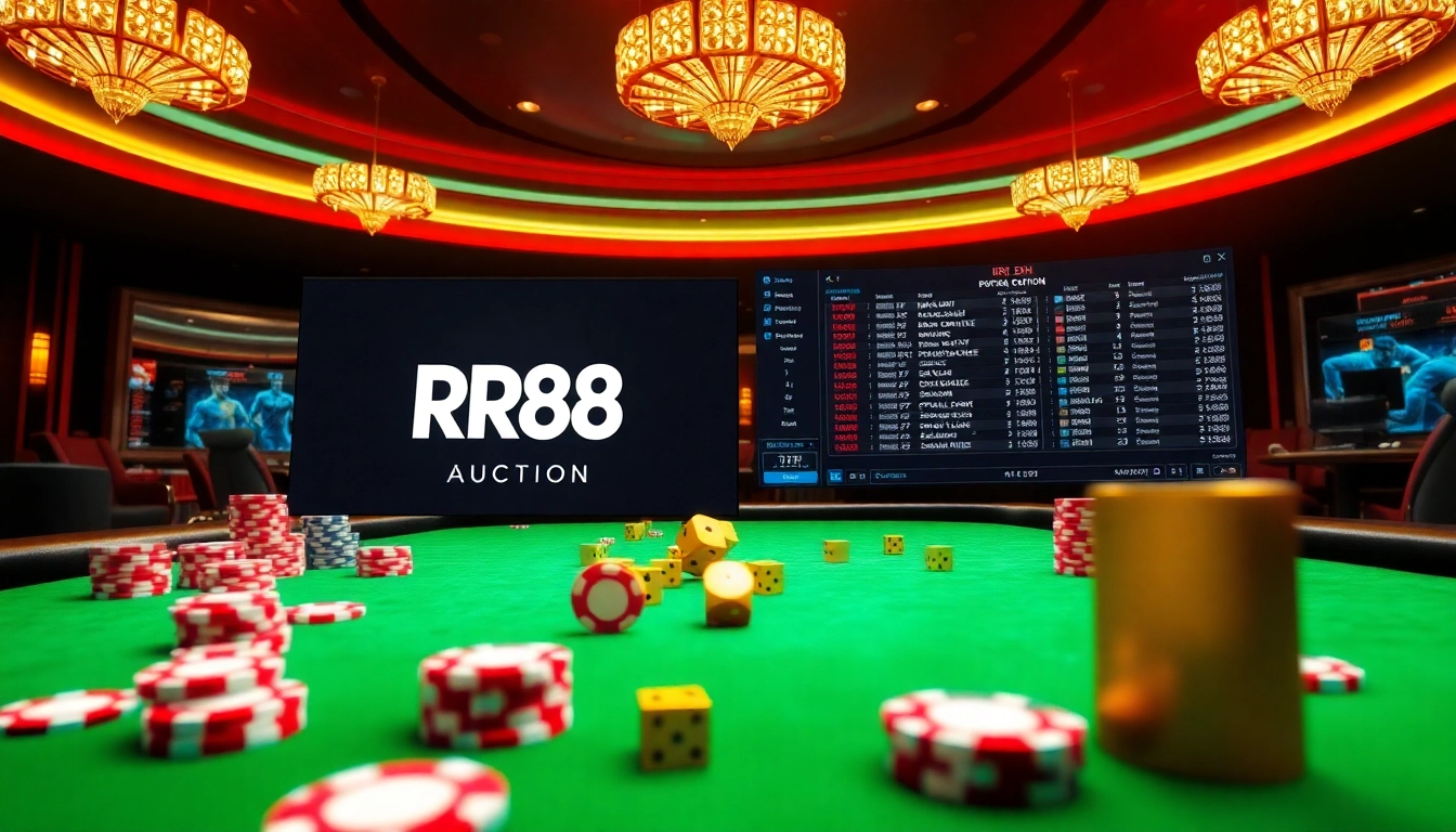 Exciting RR88 Auction online gambling scene with casino tables, poker chips, and live betting interface.