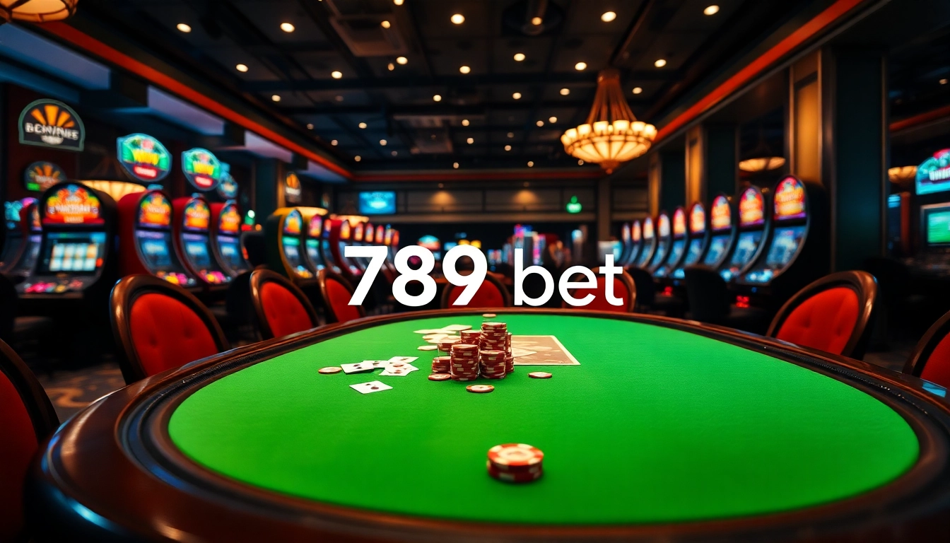 Engaging casino atmosphere featuring players at the "789 bet" poker table with vibrant lights and excitement.