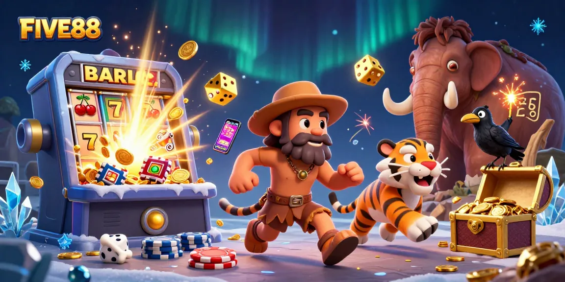 Experience the excitement of FIVE88 with caveman and sabertooth tiger at a prehistoric casino.
