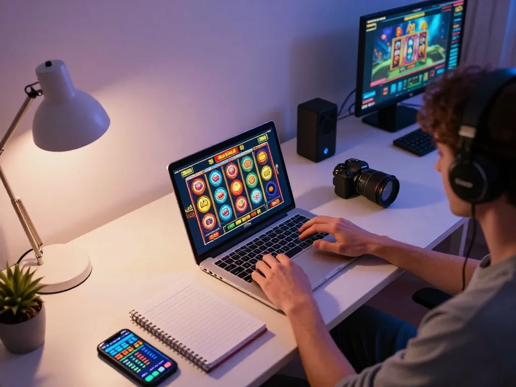 Player enjoying situs gacor slots on laptop in a modern home gaming setup, vibrant reels and betting tools