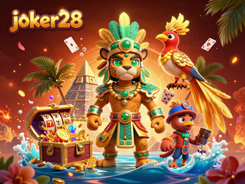 Rasakan keseruan joker28 dengan jaguar priest dan simbol keberuntungan dalam ilustrasi kasino.