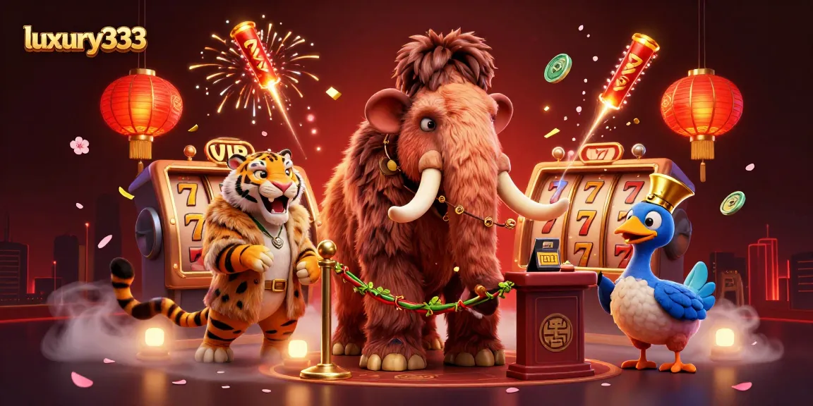 Ilustrasi kasino mewah luxury333 dengan karakter unik, simbol slot, dan elemen berwarna cerah.