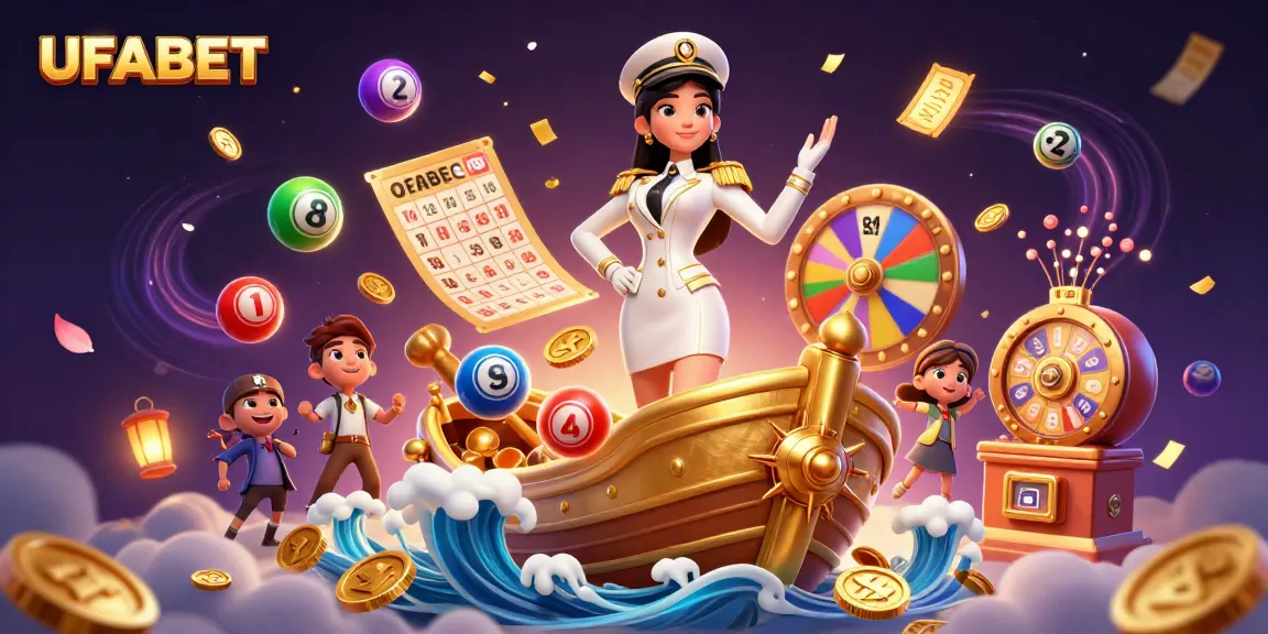 Experience thrilling wins at UFABET, showcasing a lively casino scene with colorful gaming elements.