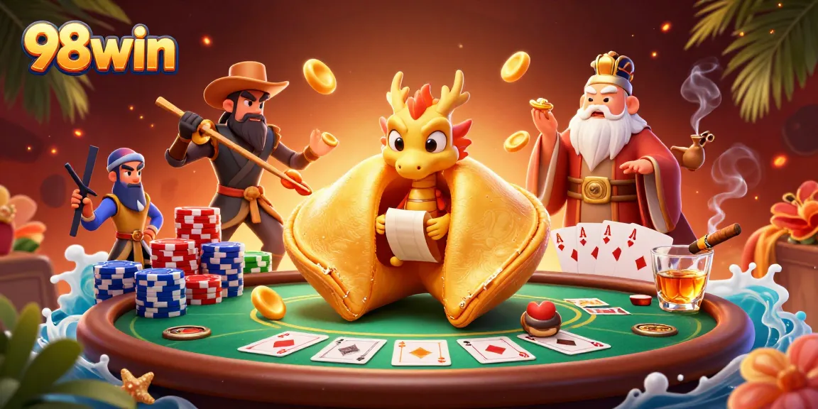 Engage in thrilling casino action with 98win's vibrant illustration of poker chips and golden elements.
