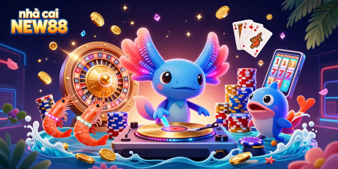 Engage with nhà cái NEW88's vibrant casino scene featuring a DJ axolotl and dynamic gaming elements.