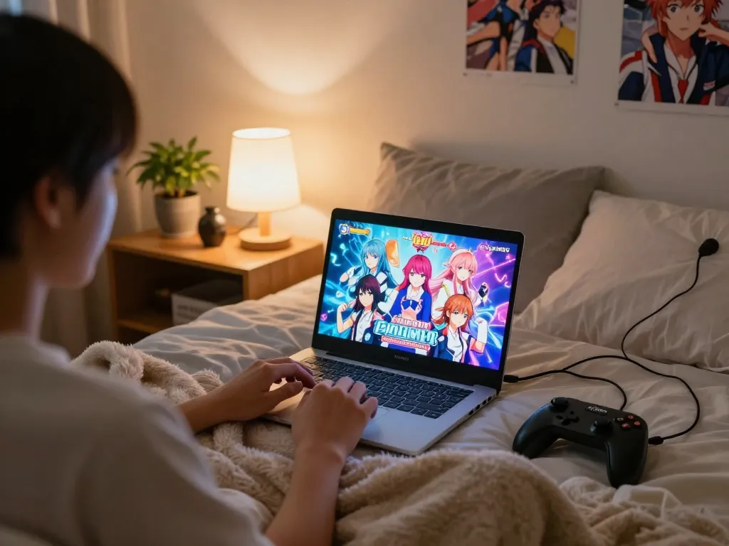 Play immersive porngames on your laptop in a relaxed bedroom setting.