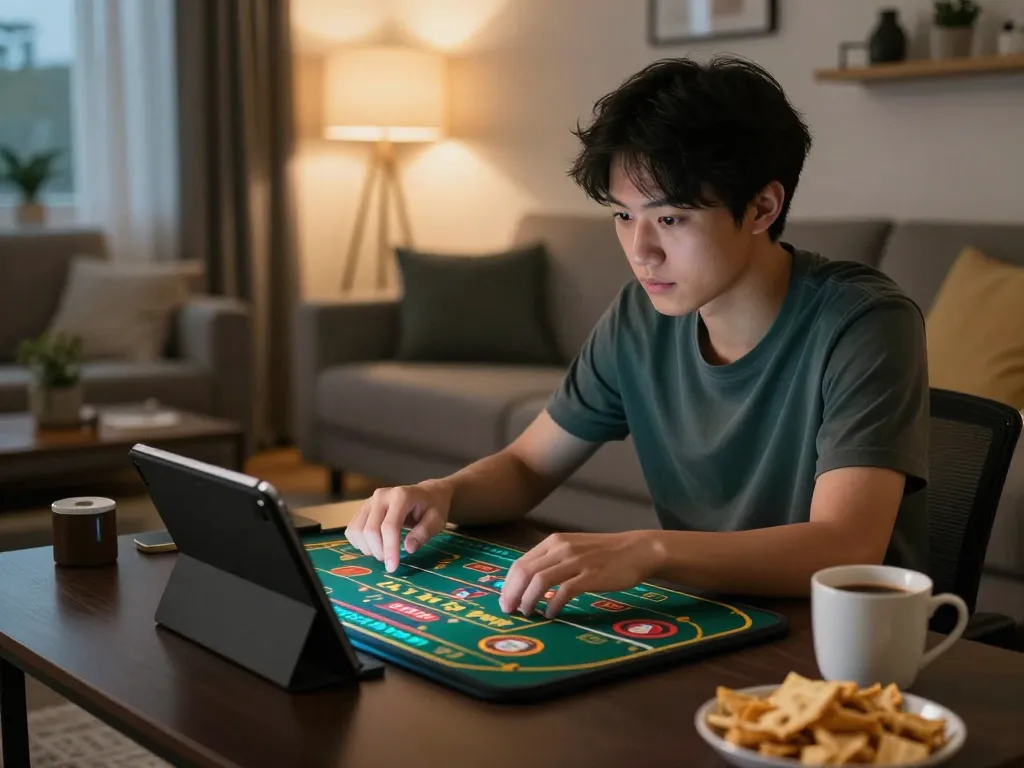 Tai Xiu Online player enjoying mobile gaming experience in a cozy evening setup