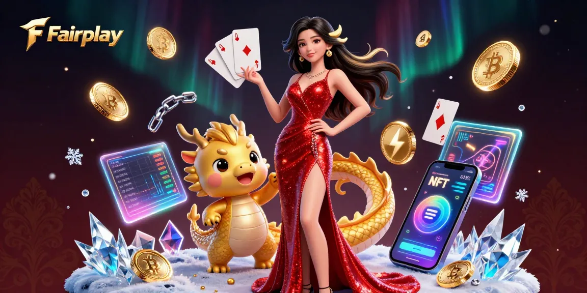 Experience Fairplay in this vibrant casino scene with a confident woman, dragon mascot, and floating cards.