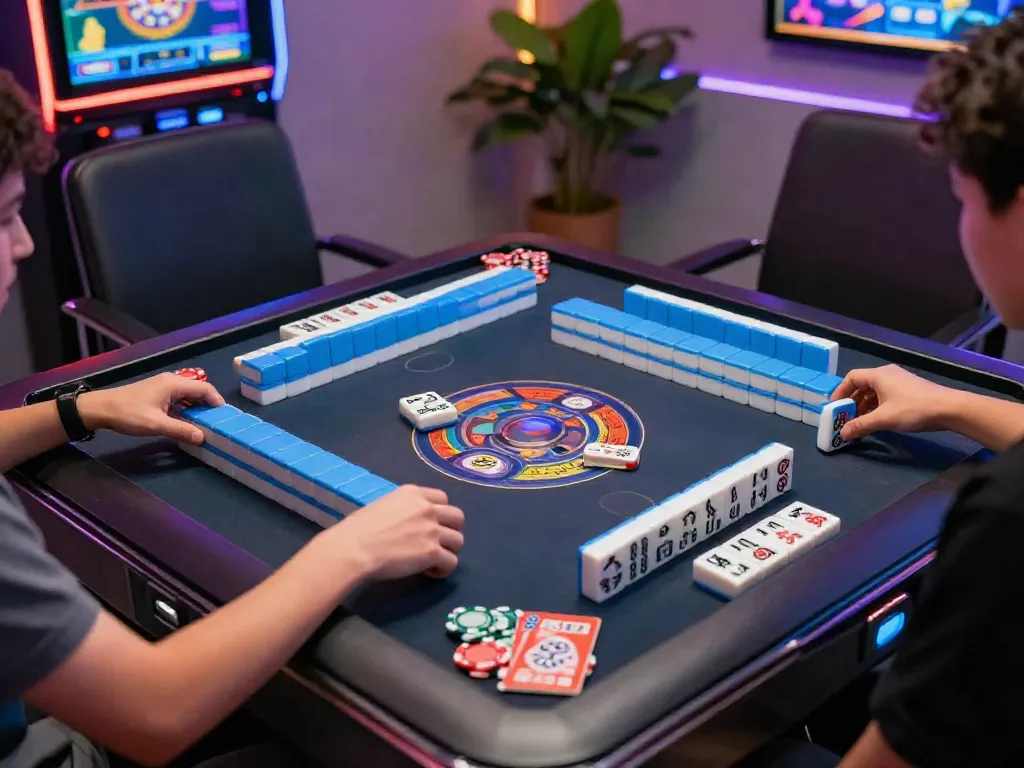 Permainan mahjong ways yang seru dengan suasana hangat dan lampu lembut di ruangan gaming.