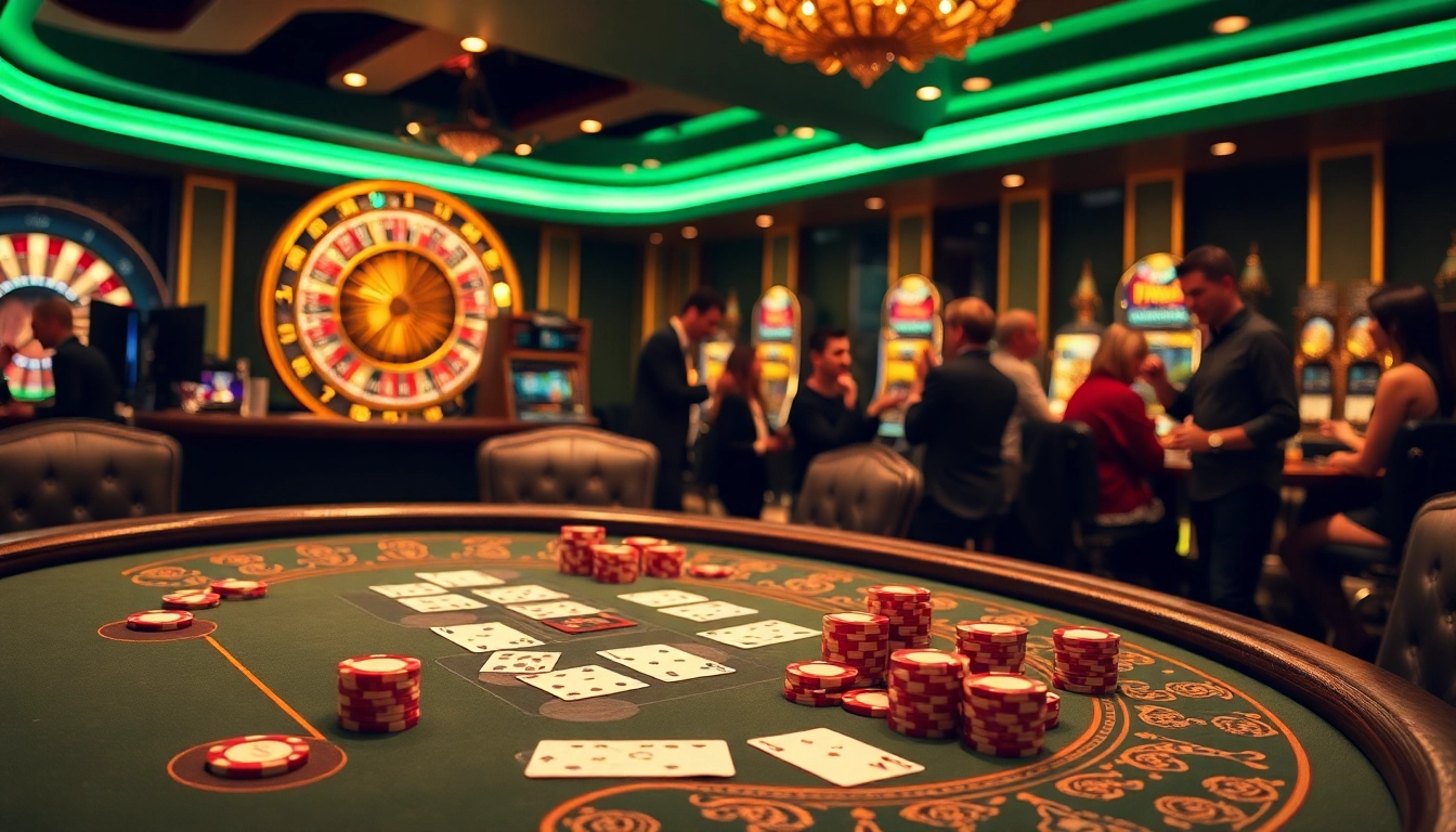 Experience the thrill of high-stakes gambling at Thabet with luxurious poker tables and vibrant casino elements.
