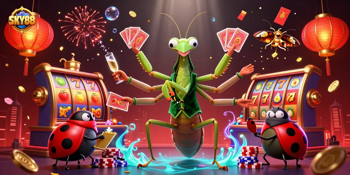 SKY88 showcases a lively casino scene with a praying mantis dealing cards and vibrant slot elements.