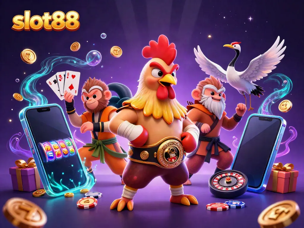 Slot88 menghadirkan simbol mesin slot yang menarik dengan karakter unik dalam suasana ceria.