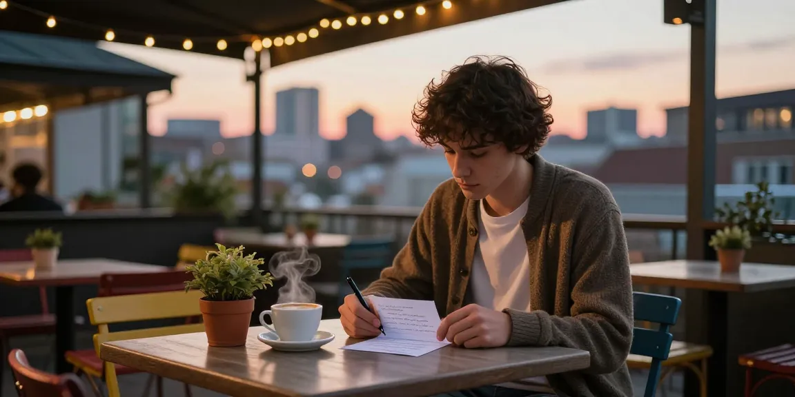 Young person writing about their crush on a café terrace at sunset, creating an intimate moment