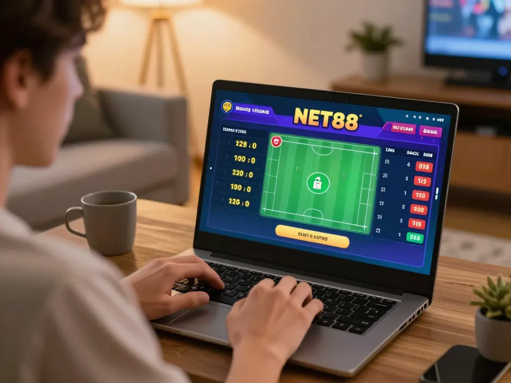 Person using NET88 app for sports betting during a cozy evening at home.