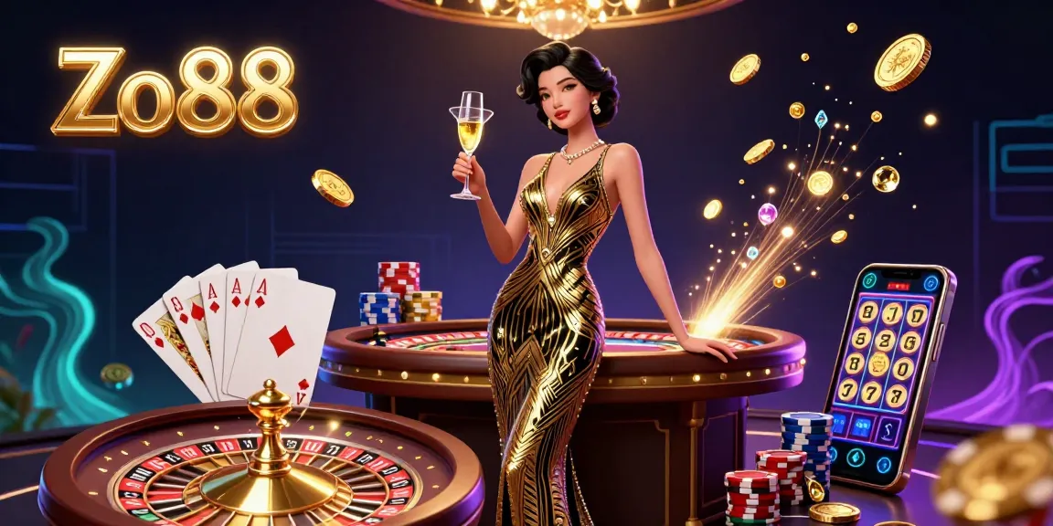 Engage with Zo88 in this luxurious 3D casino scene featuring stunning visuals and dynamic game elements.
