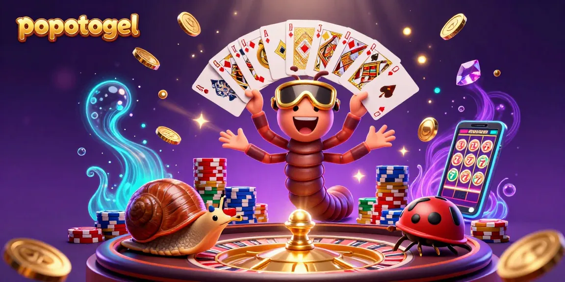 Experience the excitement of popotogel with a vibrant illustration of a millipede dealer and high-roller characters amidst swirling coins.