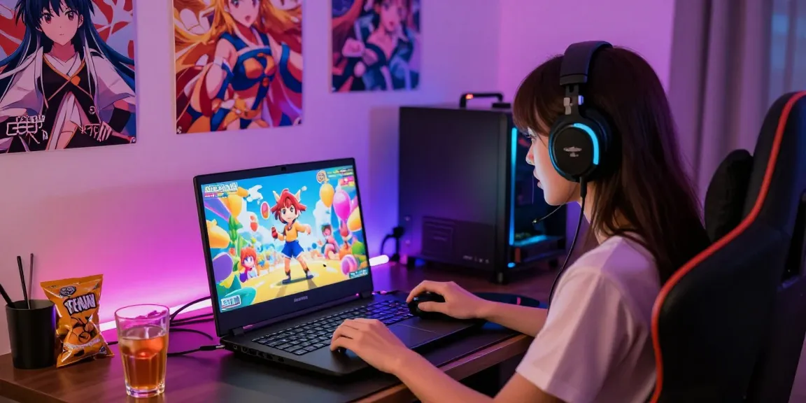 Young woman playing engaging hentai game on a laptop in a cozy gaming lounge.