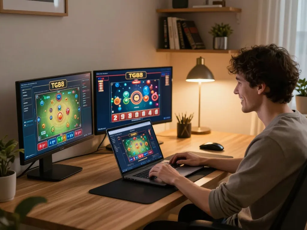 Engaging in online gaming at TG88 with warm home office ambiance and strategic focus