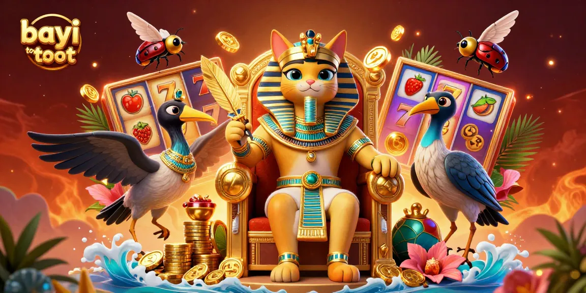 Experience the excitement of bayi toto slot through an illustration of a pharaoh cat with slot game elements in play.