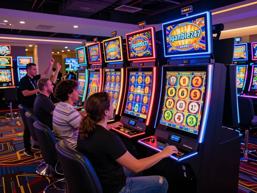 Engaged players celebrating over a win at Igamble247 Slot machines in a vibrant casino setting.
