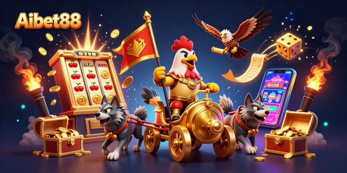Aibet88 showcases a vibrant 3D scene with a rooster warlord, jackpot machines, and festive casino elements.