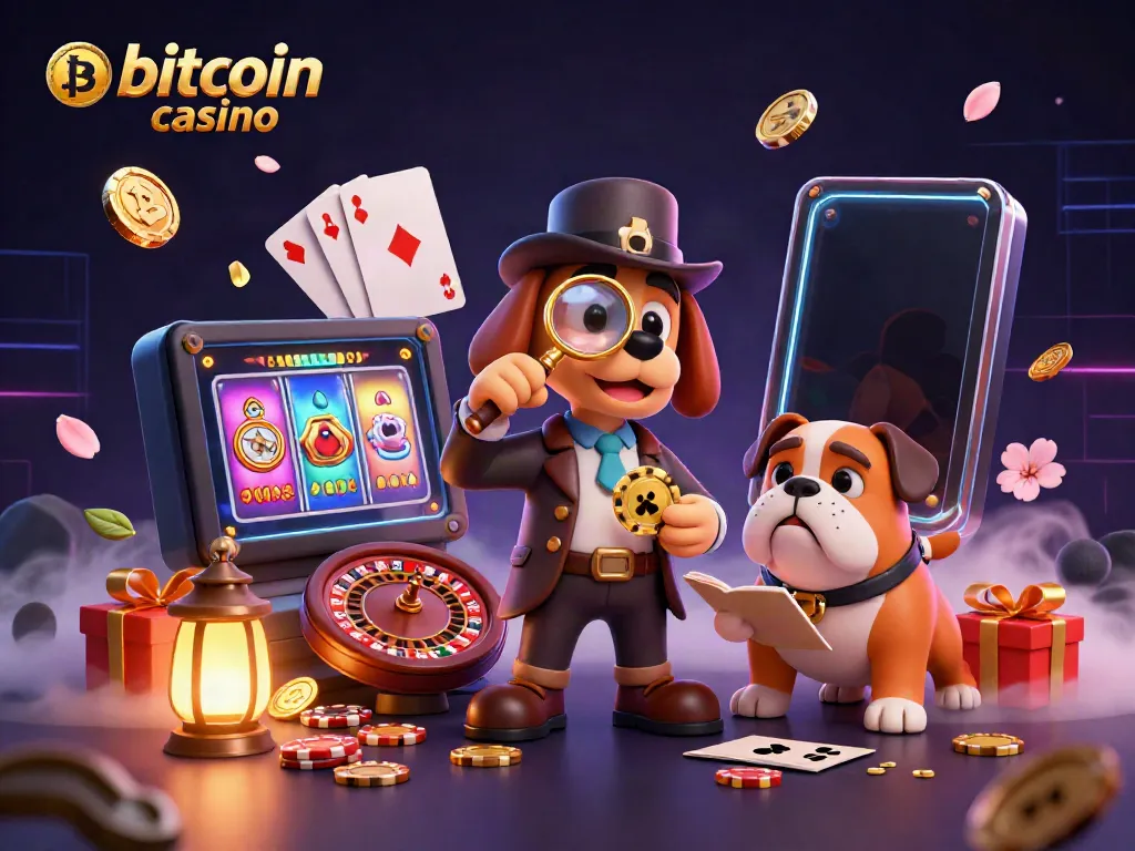 Experience rich visuals of a bitcoin casino with cartoon detective and slot game elements.