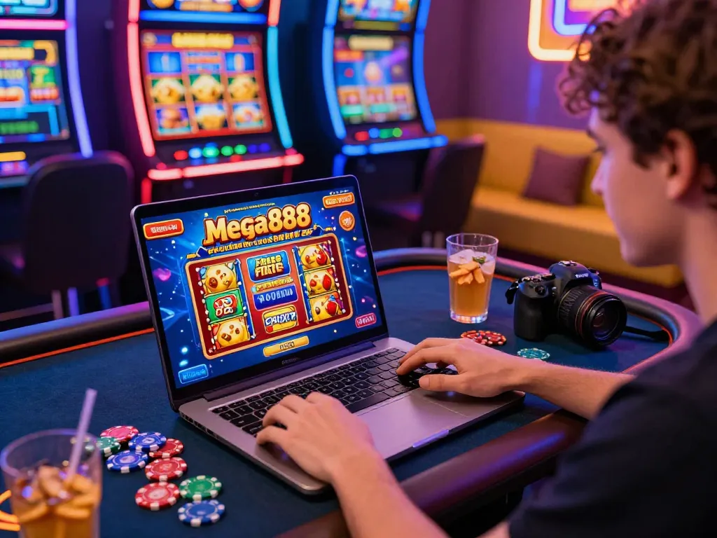 Engaged player claiming free credit mega888 on a laptop in a vibrant online casino atmosphere with colorful gaming elements.