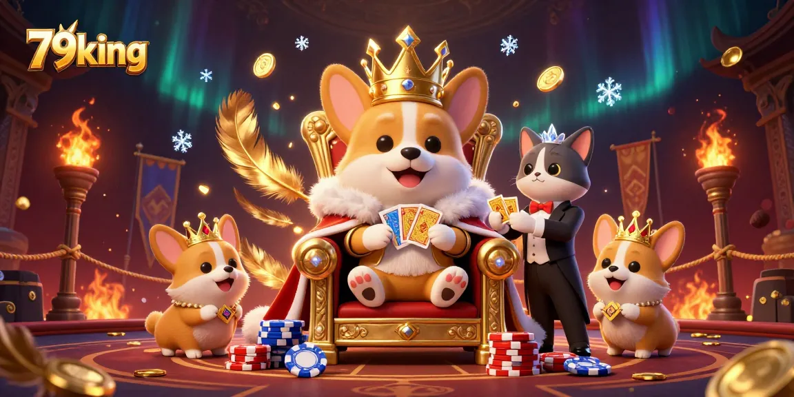 Join the royal corgi of 79king in a vibrant gambling scene filled with golden poker elements and dynamic action.