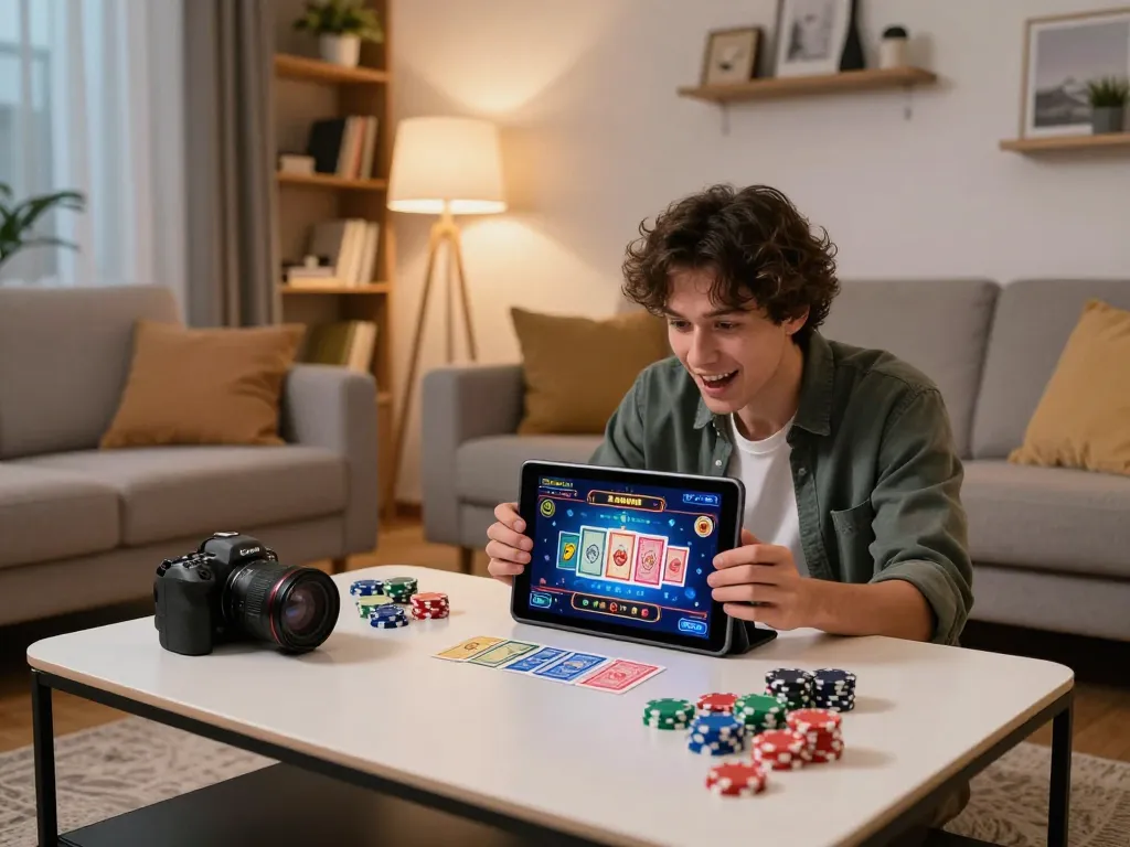 Kuwin player enjoying online casino action on a tablet in a cozy living room setting.