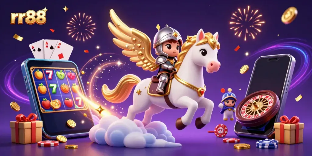 Experience the thrill of rr88 with a celestial horse and a knight, surrounded by vibrant slot games.