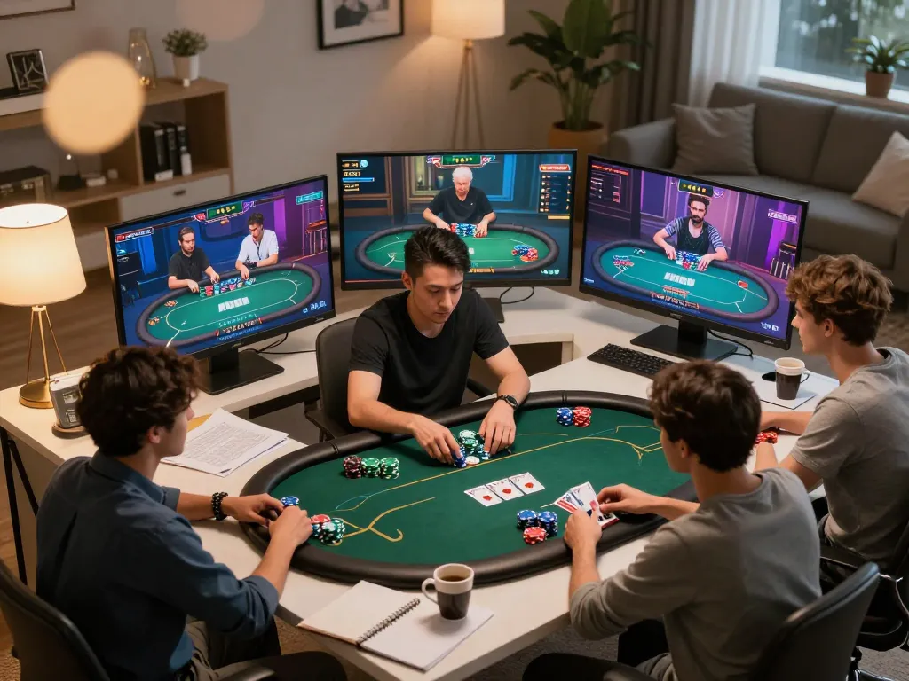 Pemain Ulat123 terlibat intens dalam permainan poker online dari kantor rumah yang bergaya.