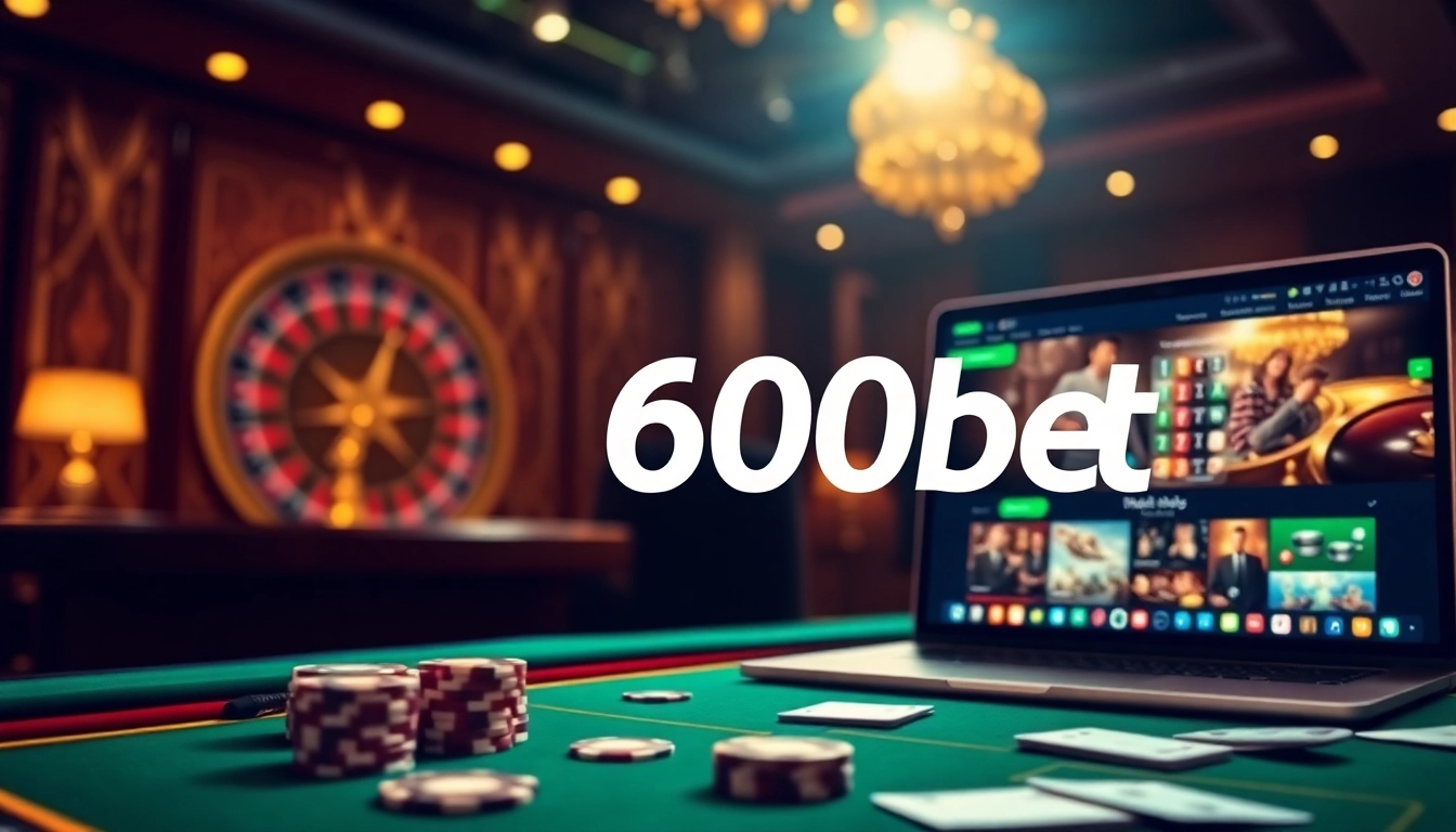 Players engaging in online gambling on 600bet, featuring casino tables and poker chips.