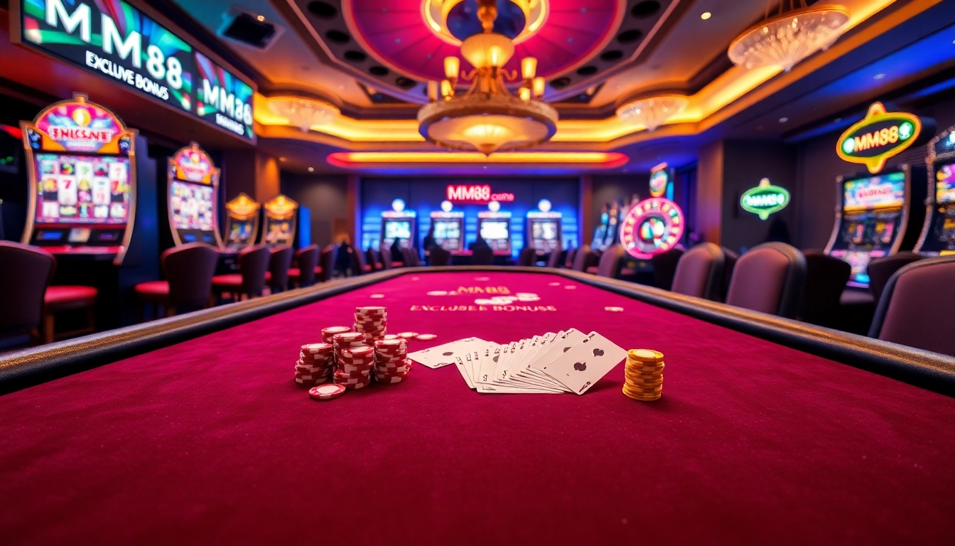 Experience the thrill of MM88 gaming with vibrant slot machines and an elegant poker table.