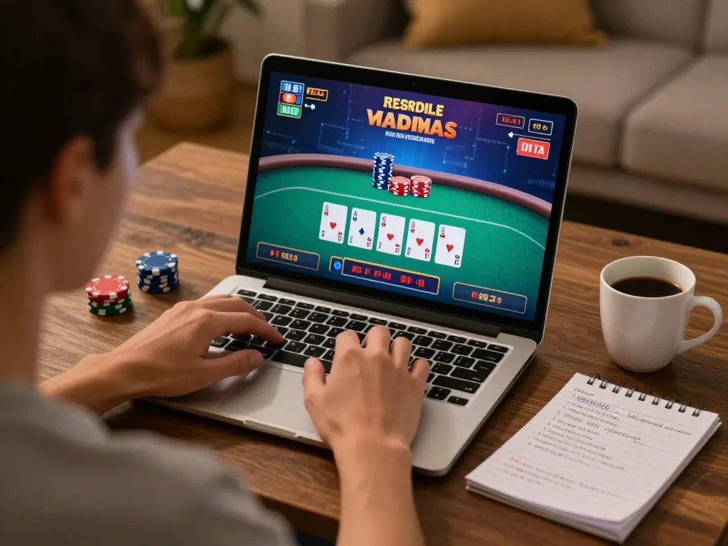 Player engaging in strategic online poker gameplay on af88 platform, cozy home atmosphere.
