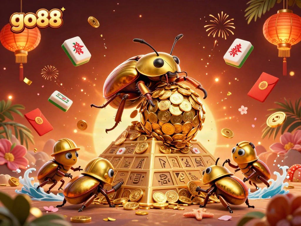 Experience the excitement of go88 with golden beetles and vibrant casino elements in this illustration.