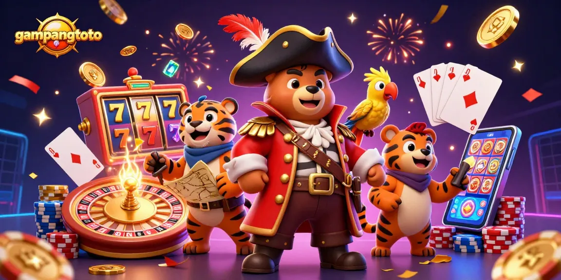 Experience the thrill of gambling with gampangtoto featuring a colorful casino scene filled with slot reels and confetti.
