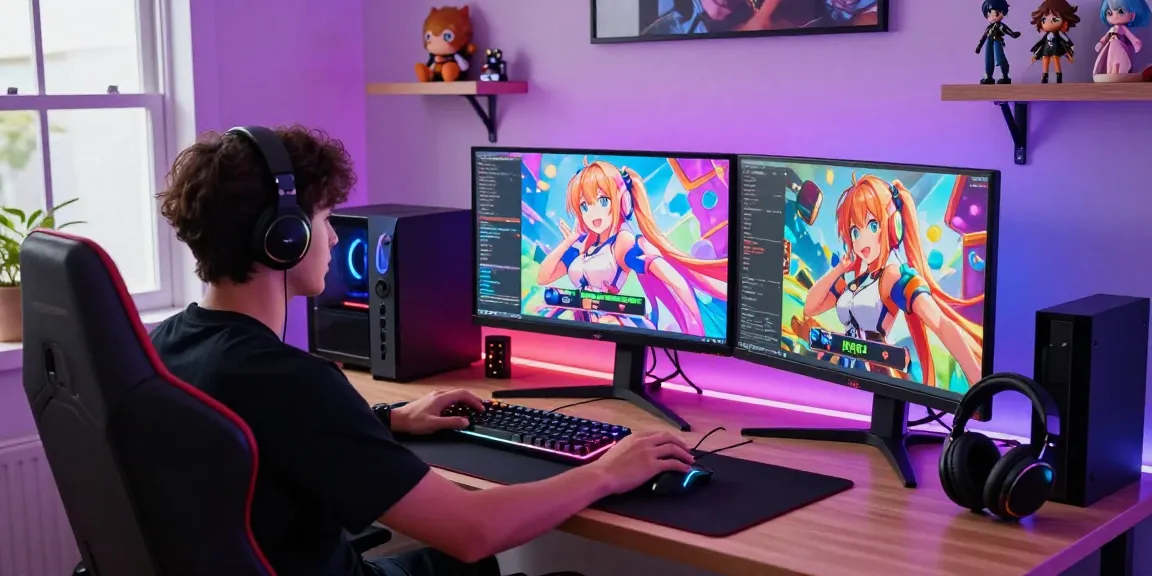 Engaged gamer playing a hentai game on a colorful setup with anime decor and LED lighting.