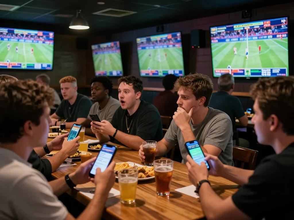 Engaged sports bettors using their phones at xx88, immersed in live game action.