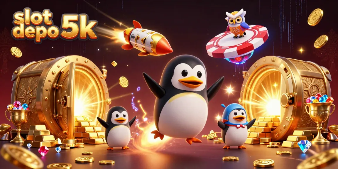 Jelajahi slot depo 5k dengan peluncur penguin emas 3D yang meluncur ke kasino galaksi!