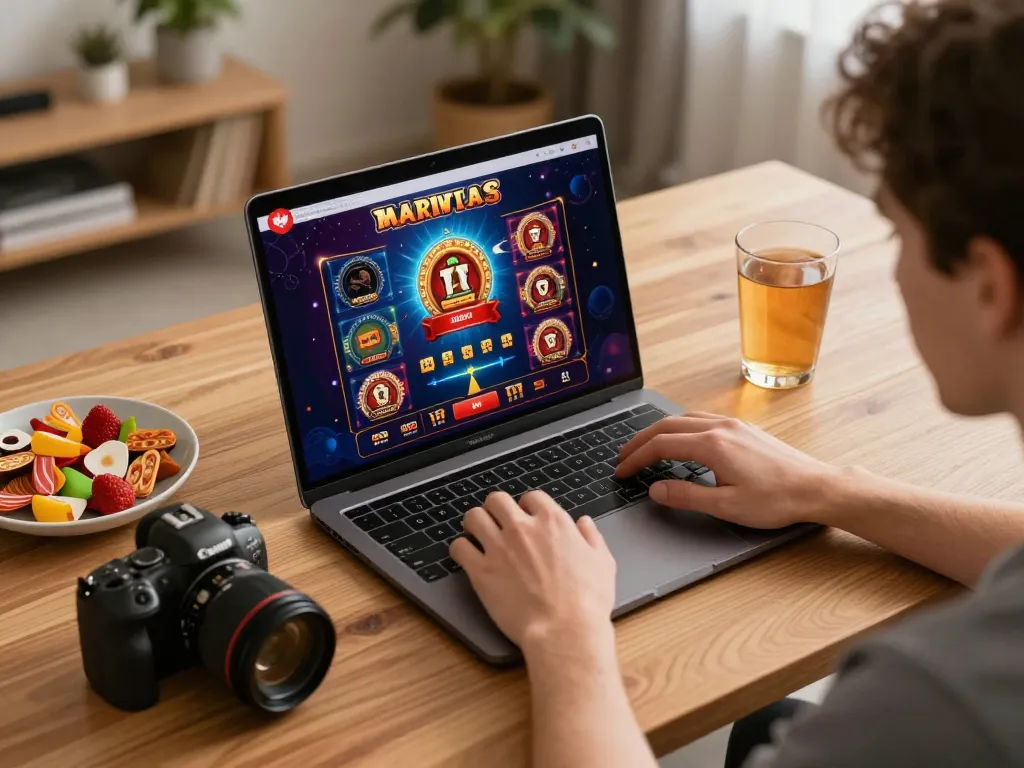 Engaging with Canadian online casinos on a laptop at home, showcasing strategic gameplay.