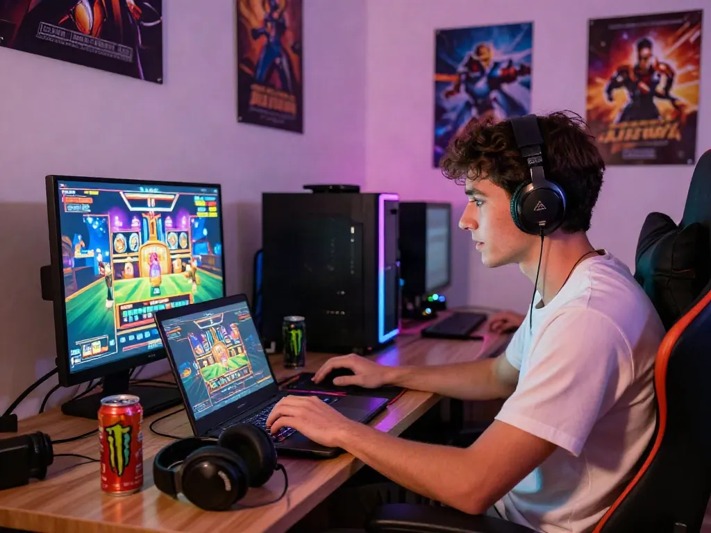 Engaged player enjoying akunjp online slot gaming experience in a vibrant home setup.