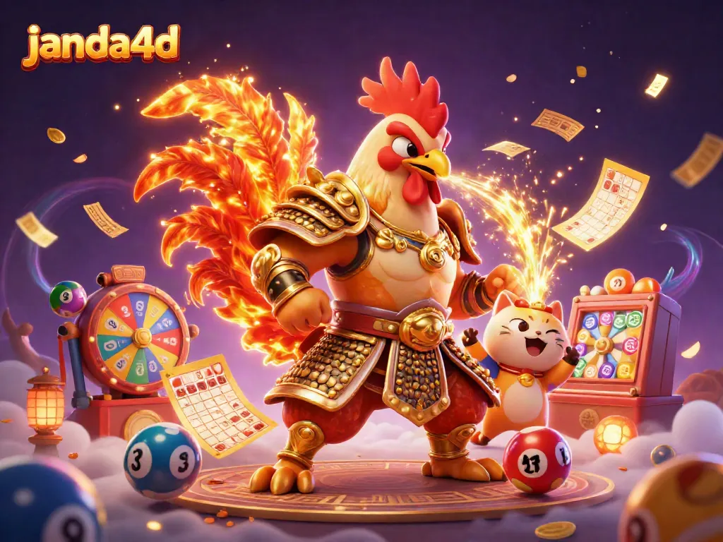 JANDA4D menghadirkan ilustrasi 3D menakjubkan dengan ayam pendekar dan naga, simbol permainan slot.