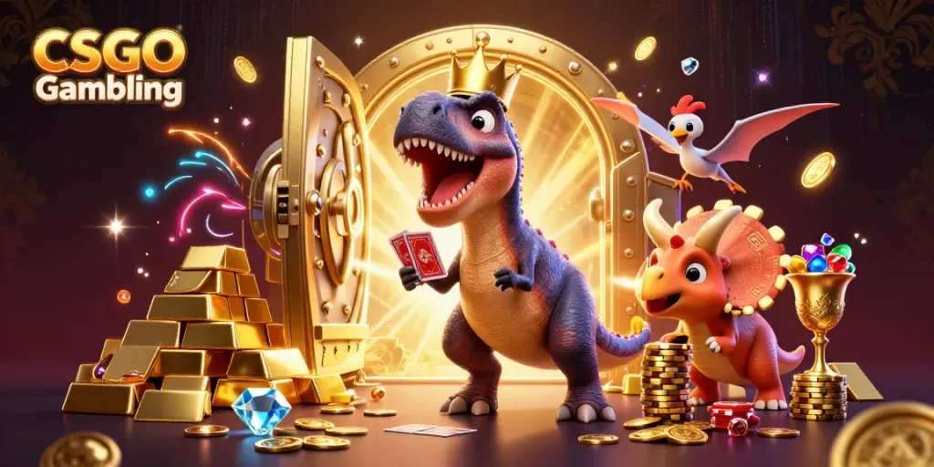 Engage in CSGO Gambling with vibrant 3D dinosaurs and treasure elements in a rich casino atmosphere.