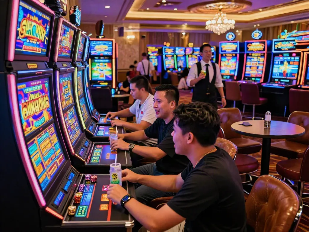 Engaging scene of players enjoying slot gacor games in a vibrant casino atmosphere, showcasing excitement and camaraderie.