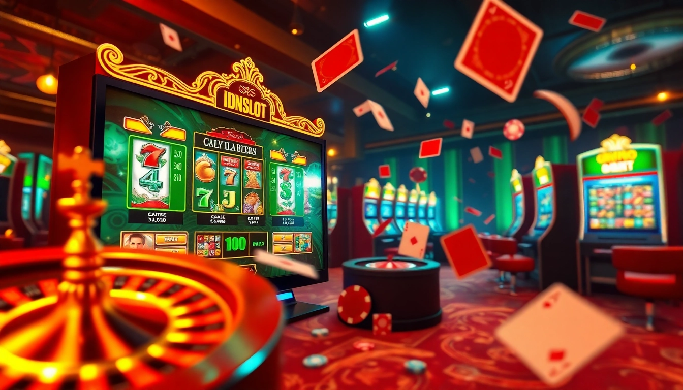 IDNSLOT online gambling interface showcasing exciting slot machines and vibrant casino elements.