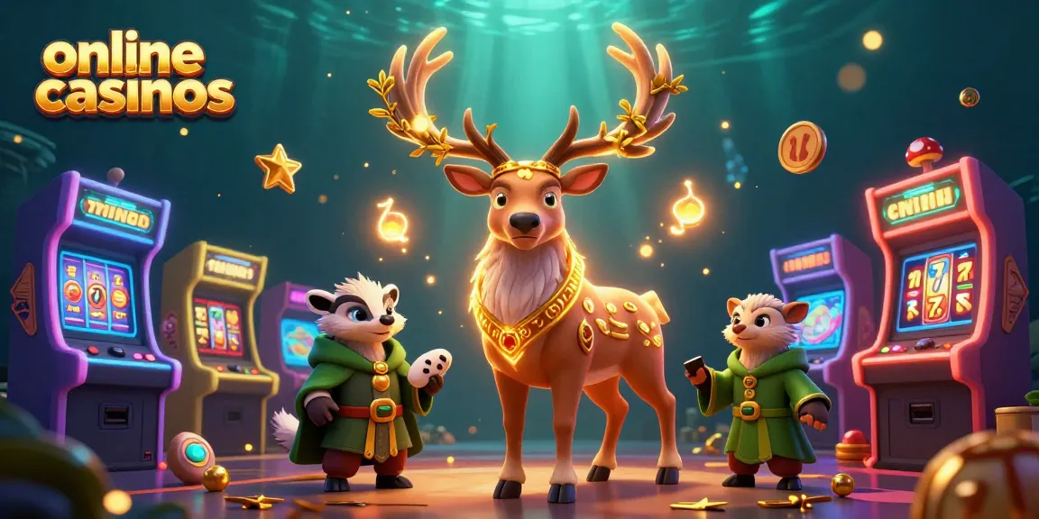Engage in thrilling online casinos with a vibrant scene featuring a Celtic druid stag and wise badger.