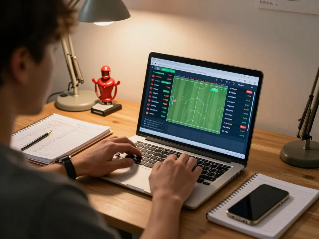 Kèo nhà cái hôm nay with a person engaging in online sports betting while analyzing odds in a cozy home office.